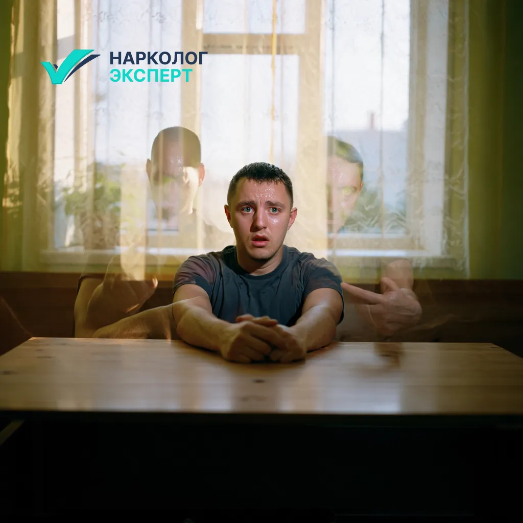 Мужчина сидит за столом и испытывает галлюцинации